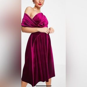 NWT: Velvet bare shoulder midi dress. Color: Berry